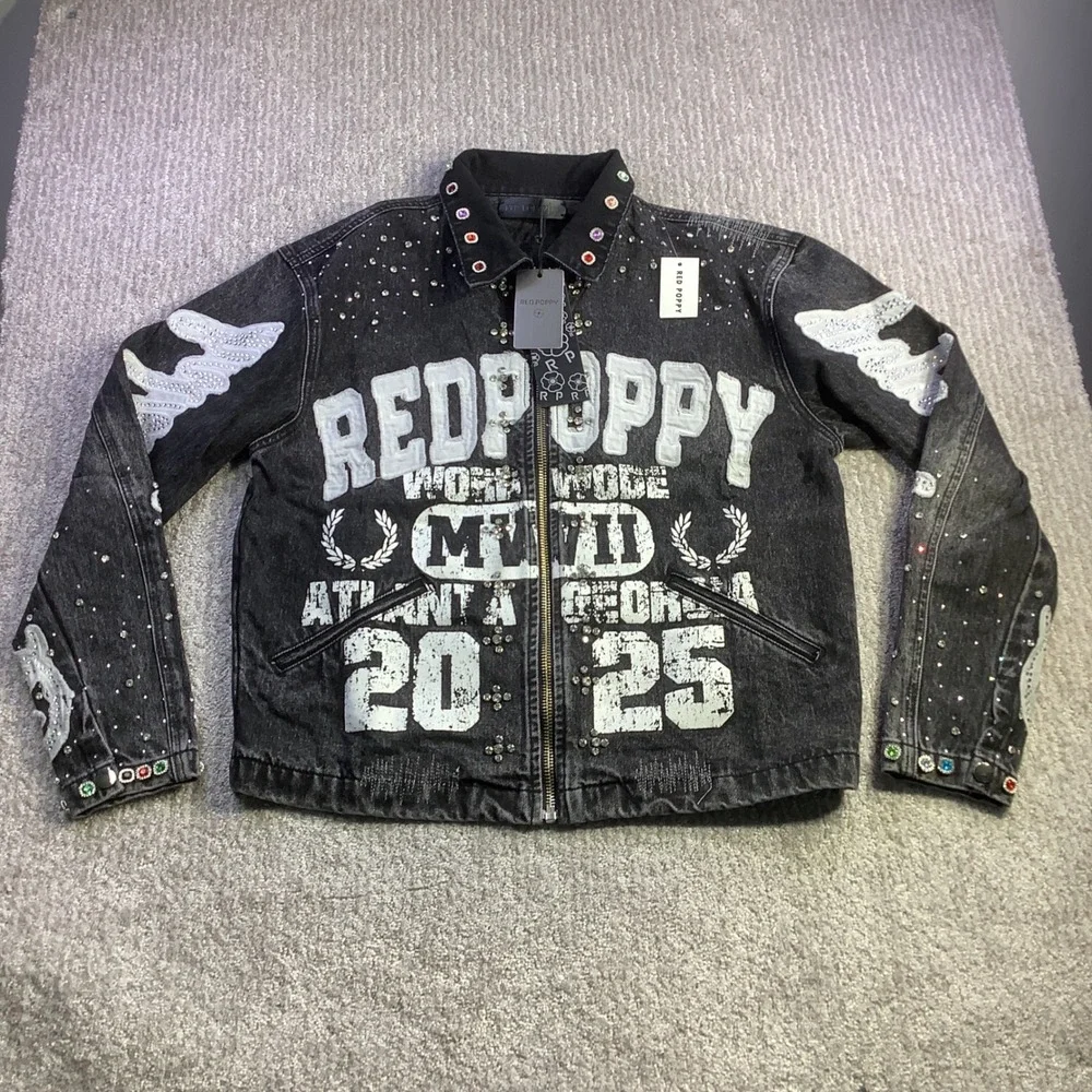 Red‎ Poppy Mens Black Wash Embellished Graphic Denim Jacket Size M NWT